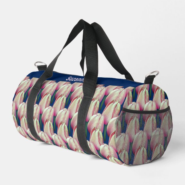 Pink Tulip Flowers Pattern Personalized  Duffle Bag (Right Corner)