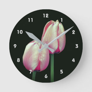 Pink Tulip Flowers Raindrop Round Clock