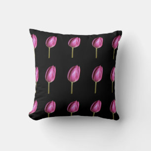 Pink Tulip Flowers Spring Floral Patterns Black Throw Pillow
