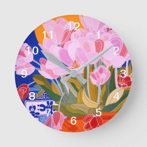 Pink Tulip Flowers _ White Numbers Round Clock