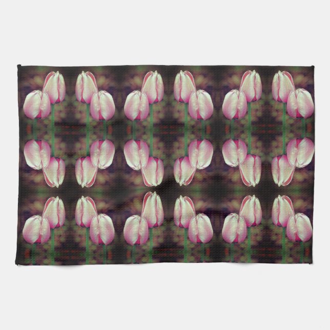 Pink Tulip Flowers With Raindrops Pattern Kitchen Towel (Horizontal)