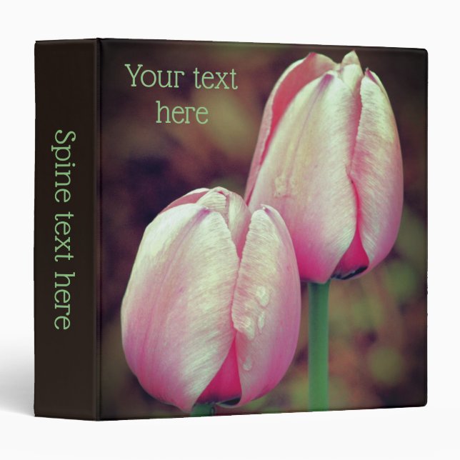 Pink Tulip Flowers With Raindrops Personalized 3 Ring Binder (Front/Spine)