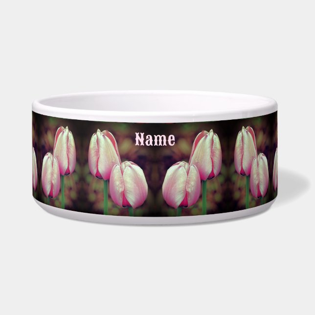 Pink Tulip Flowers With Raindrops Personalized Bowl (Front)