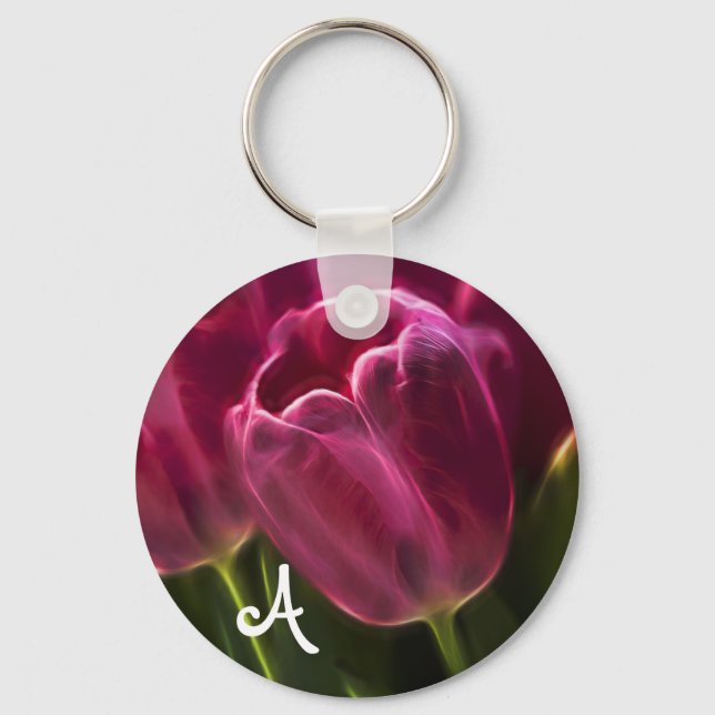 Pink Tulip Fractal with Monogram Keychain (Front)