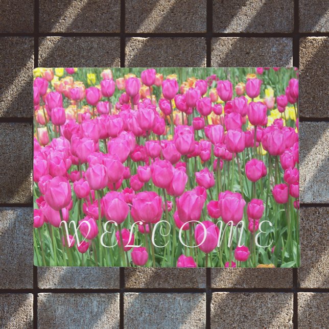 Pink Tulip Garden Floral Welcome Doormat (In Situ)