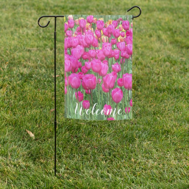 Pink Tulip Garden Floral Welcome Flag (In SItu)