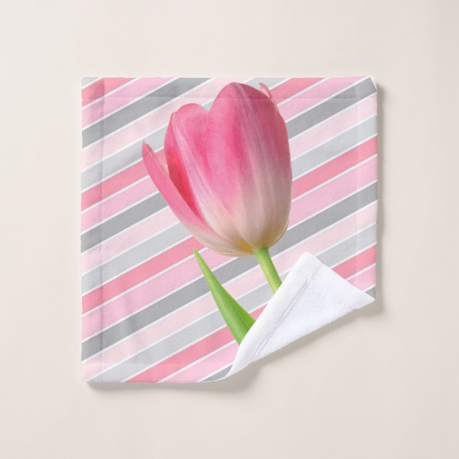 Pink Tulip Gray Stripe Bathroom Towel Sets (Wash Cloth)