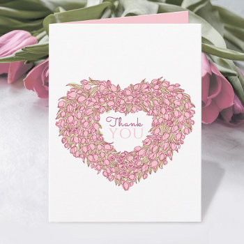 Pink Tulip Heart Art Thank You Wedding Photo Card by mylittleedenweddings at Zazzle