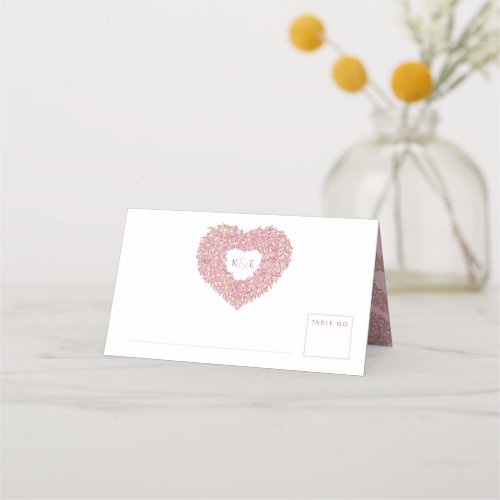 Pink tulip heart drawing monogram wedding place card
