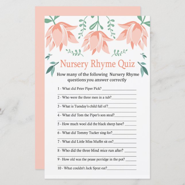 Pink Tulip Nursery Rhyme Quiz baby shower game (Front/Back)
