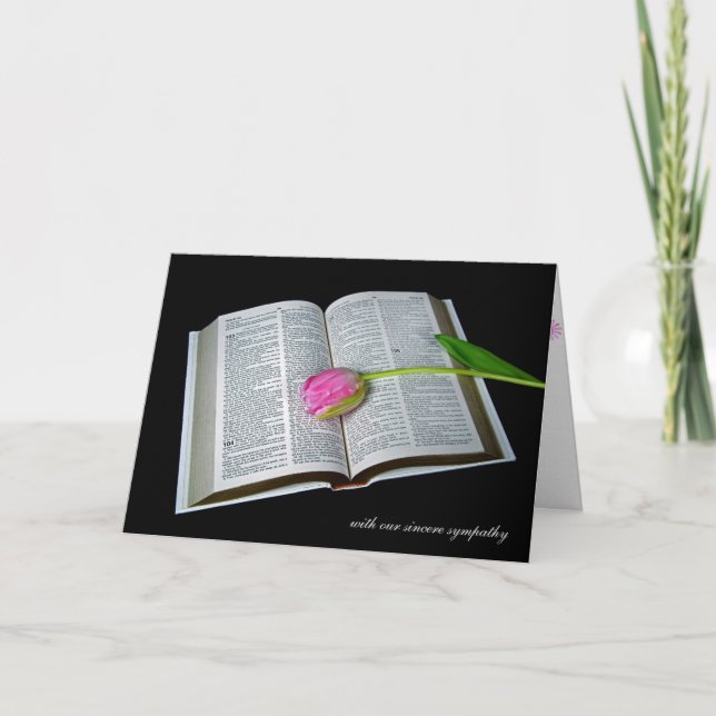 pink tulip on Holy Bible sympathy Card (Front)