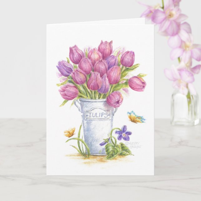 Pink Tulip Pail All Occasion Blank Greeting Card (Orchid)