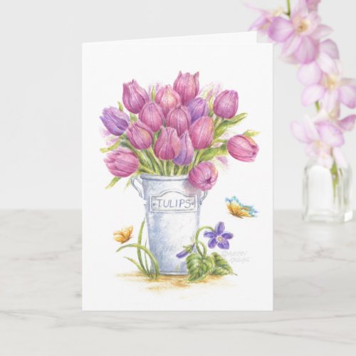Pink Tulip Pail All Occasion Blank Greeting Card