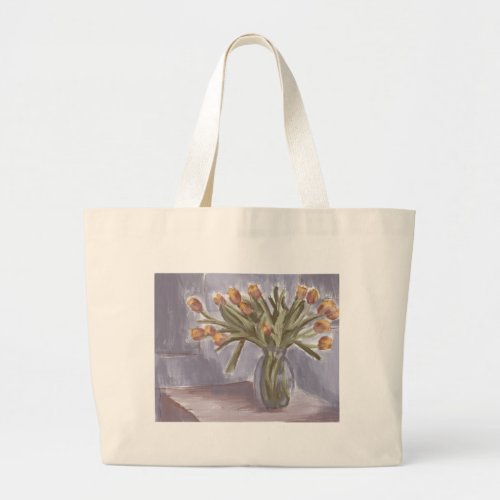 Pink Tulip Painting on Large Tote Bag