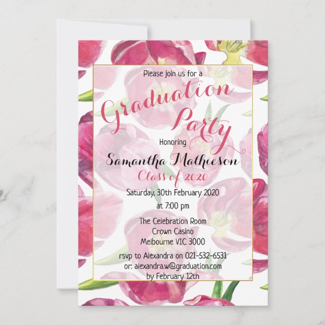 Pink Tulip Pattern Floral Graduation Invitation (Front)