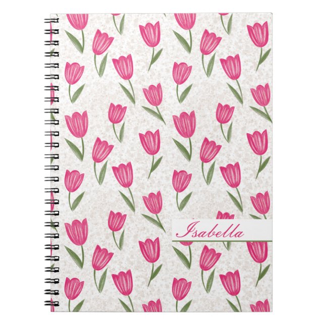 Pink tulip pattern personalized notebook (Front)