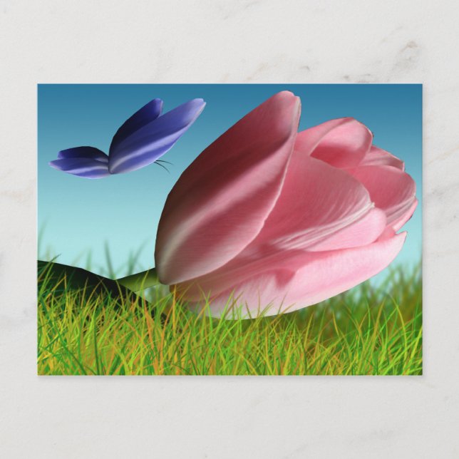 Pink Tulip Purple Butterfly Spring Post Card (Front)