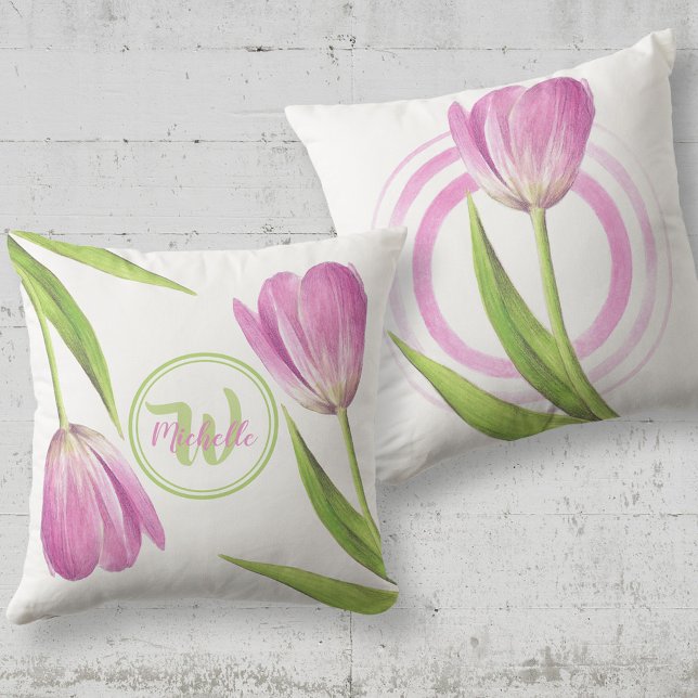Pink Tulip Spring Elegant Flower Floral art Name Throw Pillow (Creator Uploaded)
