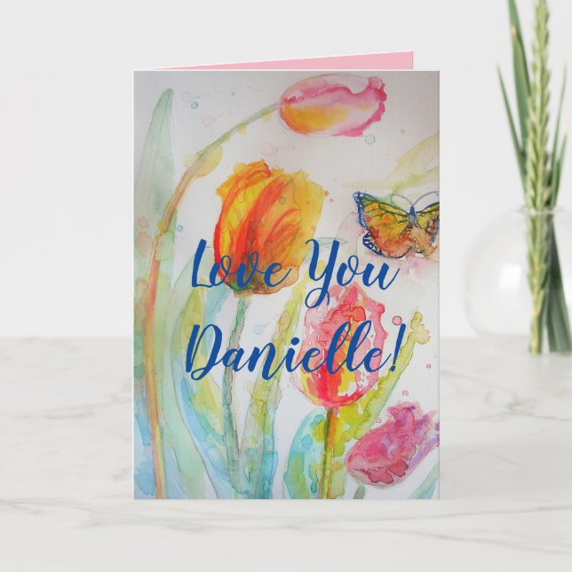 Pink Tulip Tulips Floral Flowers Watercolor Card (Front)