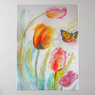 Pink Tulip Tulips Floral Flowers Watercolor Poster
