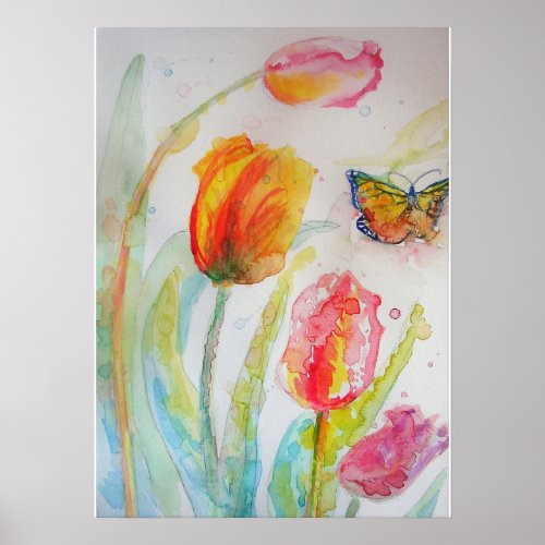 Pink Tulip Tulips Floral Flowers Watercolor Poster