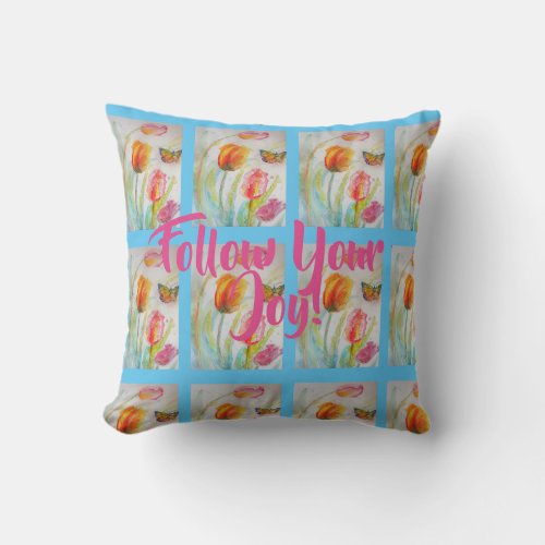 Pink Tulip Tulips Floral Watercolor Blue Cushion