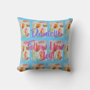 Pink Tulip Tulips Floral Watercolor Blue Cushion