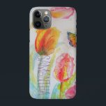 Pink Tulip Tulips Floral Watercolor Womans Name iPhone 11 Pro Case<br><div class="desc">Colorful Tulips and Butterfly Watercolor Womans/Girls Name iPhone Case,  with a fully customizable name. A glorious floral bag design. Designed from my original watercolor paintings,  that I painted from my own flower garden.</div>