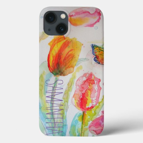 Pink Tulip Tulips Floral Watercolor Womans Name iPhone 13 Case
