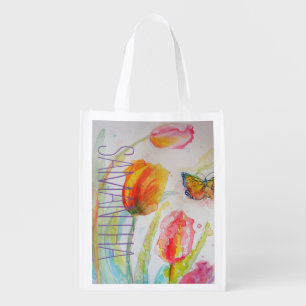Pink Tulip Tulips Floral Watercolor Womans Name Grocery Bag