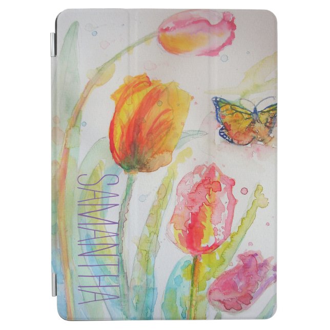Pink Tulip Tulips Floral Watercolor Womans Name  iPad Air Cover (Front)