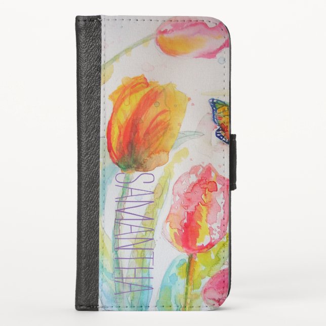 Pink Tulip Tulips Floral Watercolor Womans Name iPhone Wallet Case (Front)