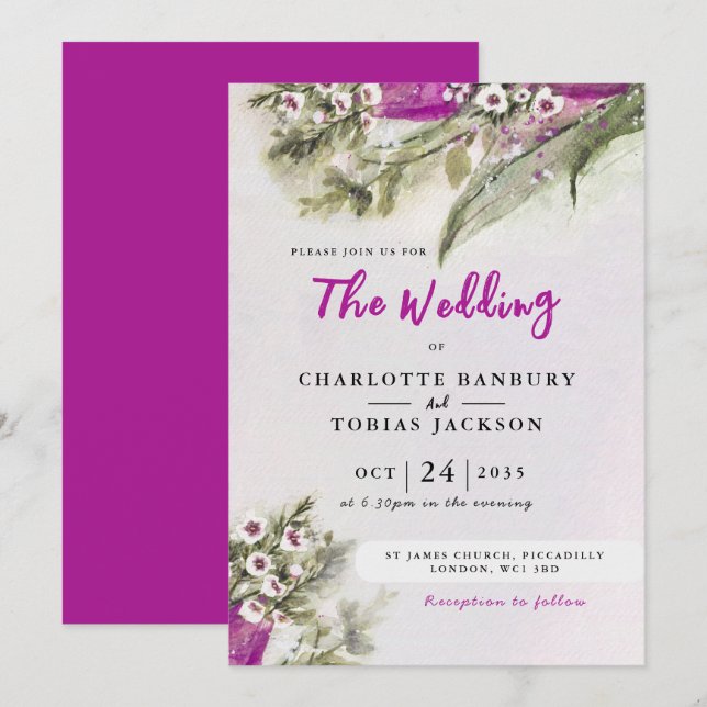 Pink Tulip Watercolor Floral Wedding Invitation (Front/Back)