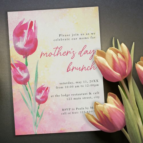 Pink Tulip Watercolor Mothers Day Brunch Invitation