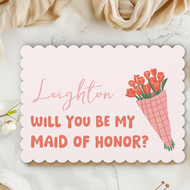 Pink Tulip Will You Be My Maid of Honor Proposal Card (Personalize this chic card to make your maid of honor feel extra special—florals and fun combined!)