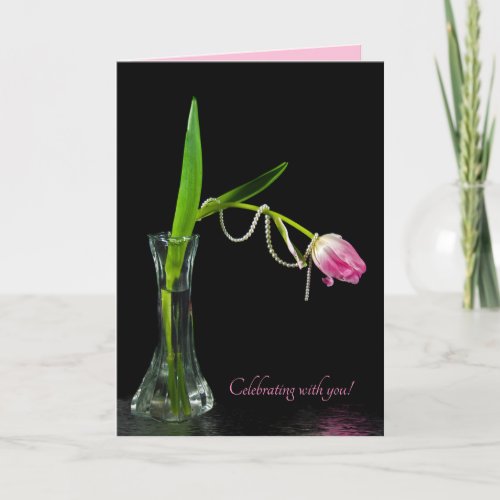 pink tulip with pearls in vase birthday card