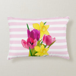  Pink Tulips and Daffodils Flower Accent Pillow