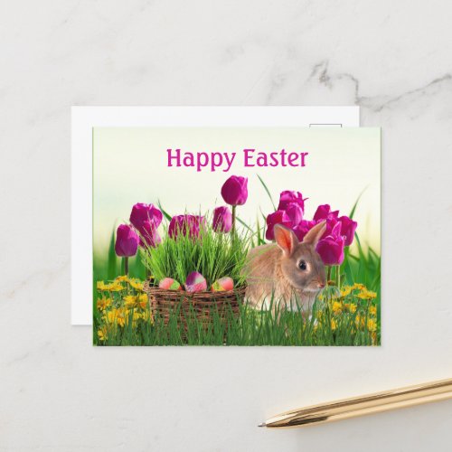 Pink Tulips and Easter Bunny Holiday Postcard