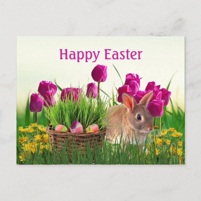 Pink Tulips and Easter Bunny Holiday Postcard (Front)