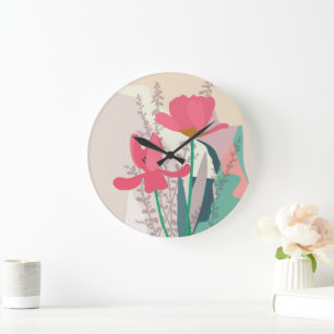 Pink Tulips Artistic Modern Color Blocks Home  Large Clock