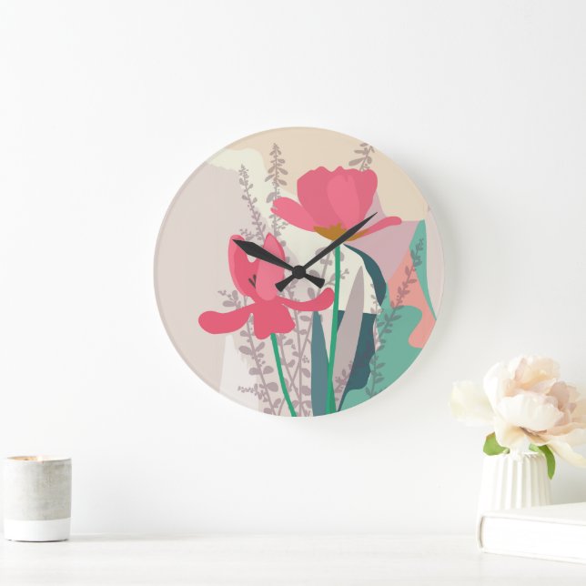 Pink Tulips Artistic Modern Color Blocks Home  Large Clock (Home)