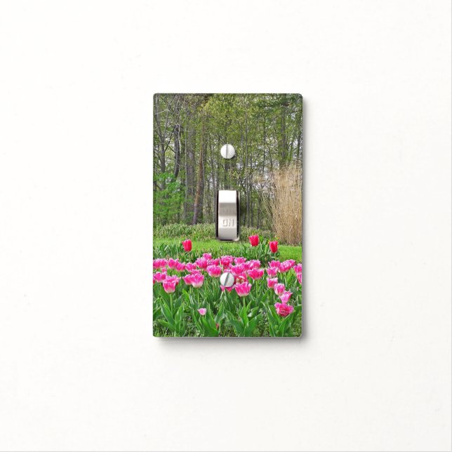 PINK TULIPS AT EDGE OF WOODS LIGHT SWITCH COVER (In Situ)