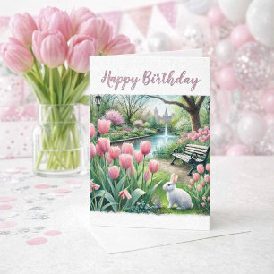 Pink Tulips at Park Happy Birthday Greeting  Card