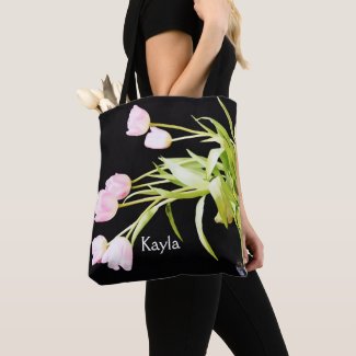 Pink Tulips Black | Name Tote Bag
