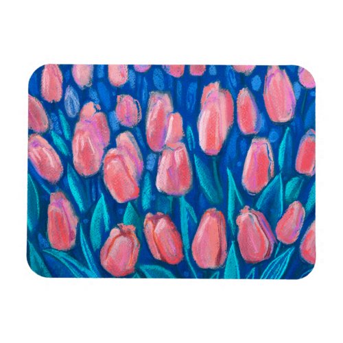 Pink Tulips Blue Field Spring Flowers Floral Art  Magnet