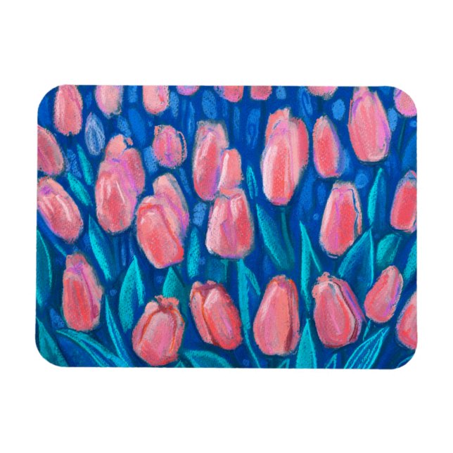 Pink Tulips Blue Field, Spring Flowers Floral Art  Magnet (Horizontal)