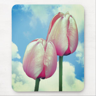 Pink Tulips Blue Sky Clouds Nature Mouse Pad