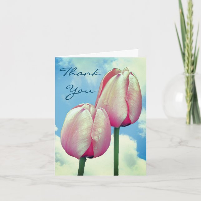 Pink Tulips Blue Sky Floral Thank You Card (Front)