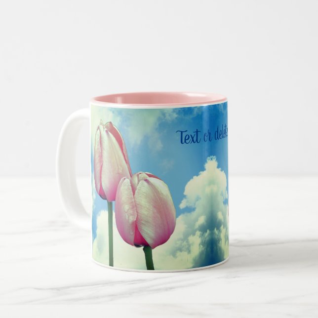 Pink Tulips Blue Sky Personalized Nature  Two-Tone Coffee Mug (Front Left)