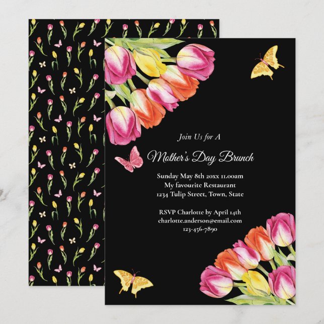 Pink Tulips & Butterfly Mother’s Day Brunch Black Invitation (Front/Back)